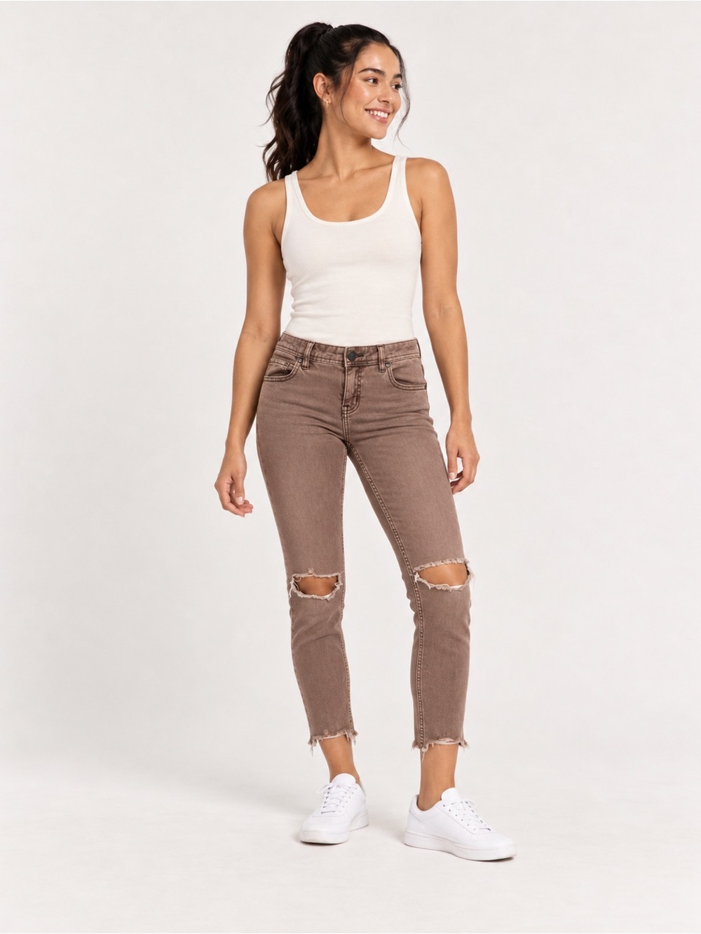 Free People Brown Low Rise Distressed Jeans Raw Hem Women’s Size 26